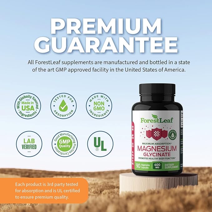 Pure Magnesium Glycinate 400mg Serving - High Absorption Magnesium Glycinate - Mag Bisglycinate for Stress, Bones, Muscles, Nerves, Relaxation & Heart Healt - 90 Capsules
