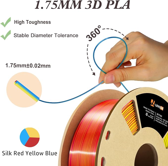 LOVOON 3D Tri-Colors PLA Printer Filament 1.75mm, Silk PLA Red Yellow Blue