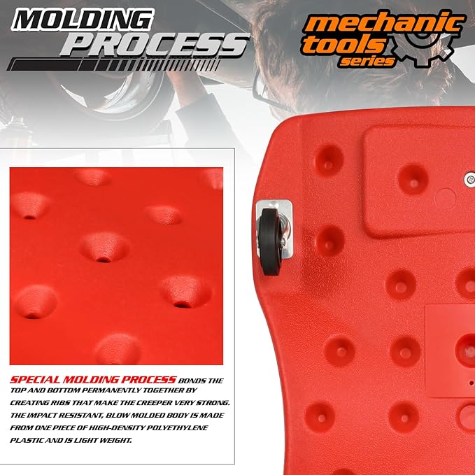 M-AUTO Mechanic Plastic Creeper with Dual Tool Trays, 48" Ergonomic Rolling Garage Shop Creeper with Padded Headrest, 4 Noiseless Casters 350LBS Capacity Red