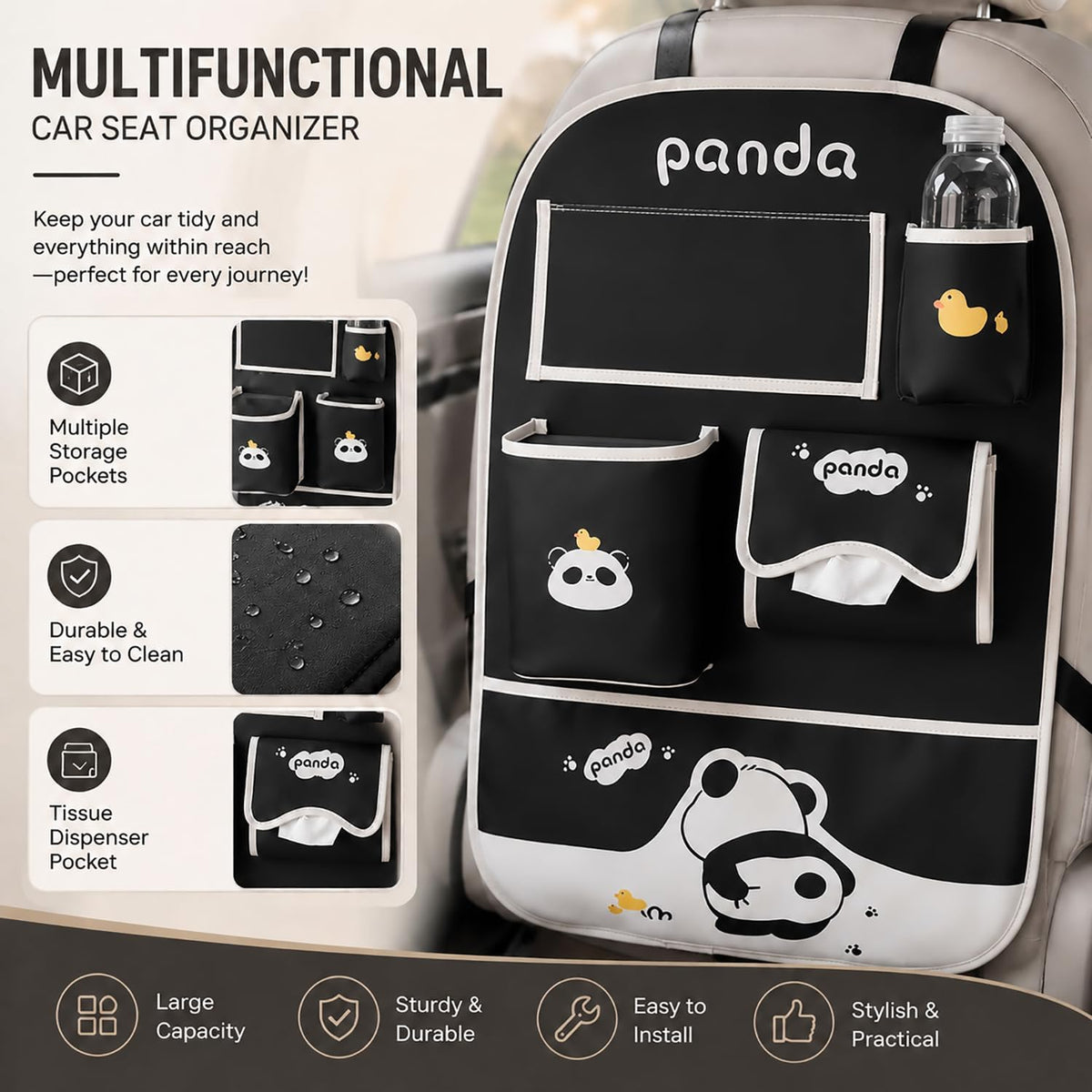 YUNZLAN Cute Panda Leather Car Backseat Organizer 1 Pack Car Seat Back Protectors with Clear 10" Tablet Holder + 4 Storage Pockets