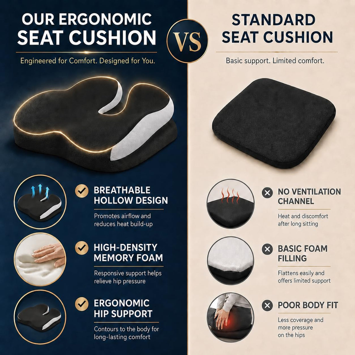 Seat Cushions for Office Chairs Wheelchair Cushion for Long Sitting Back Pain，Memory Foam Seat Car Computer Desk Chair Cushion，Coccyx Cushion for Tailbone Pain Relief Cushion Office Chair Black