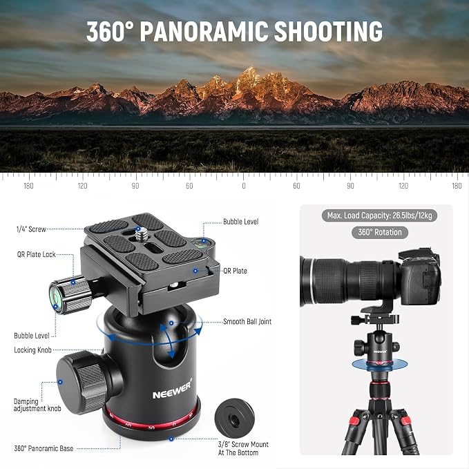 NEEWER 66"/168cm Carbon Fiber Tripod