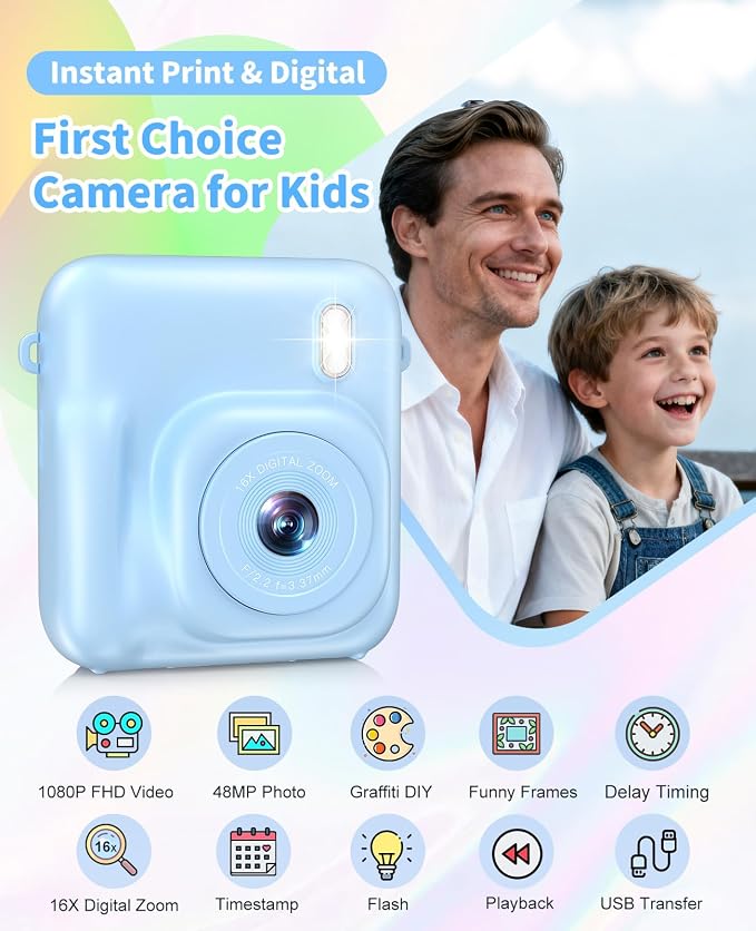 Digital Camera for Kids Instant Print, 48MP Dual-Lens Kids Camera for Girls