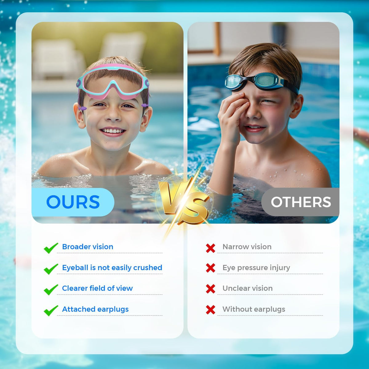 Skiennix Swim Goggles for Kids 3-15 - Anti-Fog UV Protection with Earplugs | Large Frame, 2PCS