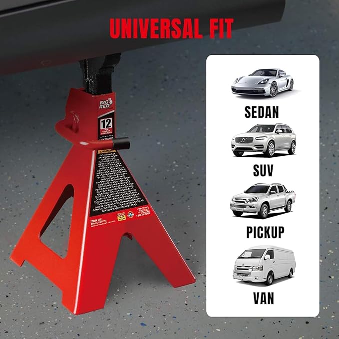 Big RED 12 Ton Jack Stands with Lock Adjustable Height to 28.15'',Heavy-Duty Car Jack Stands Fit for Cars, SUVs, and Most Automobiles, Red, 2 Pack