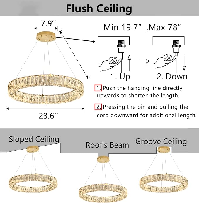 HAIXIANG Modern Crystal Chandelier Dimmable LED Ring Pendant Lights Adjustable