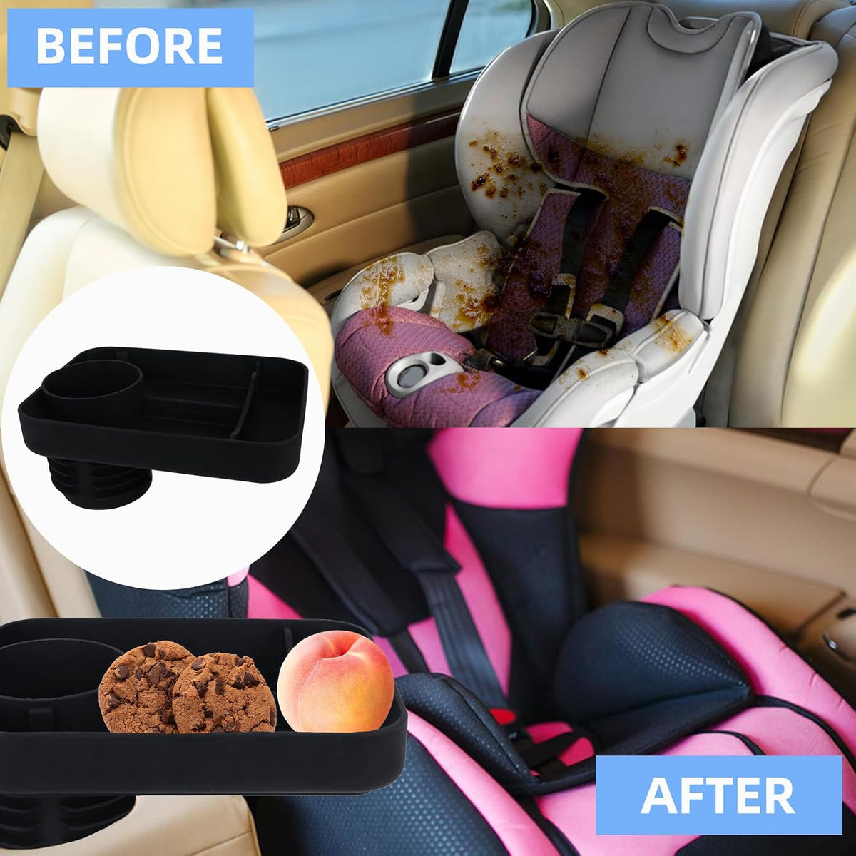 Car Cup Holder Tray -Expander- 3 in 1 Detachable Silicone Food Table Tray - Fits Most Car Seats, Road Trip Essentials Accessories Gadgets