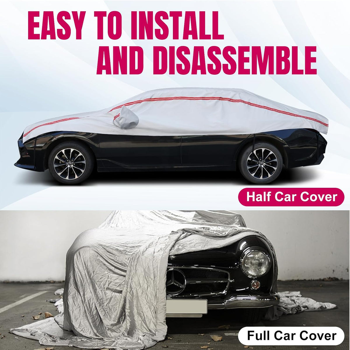 Half Car Cover Sedan,Top Cover with Red Reflective Strip, Hail Protector Car Cover with Cotton Liner, Sunroof & Windshield Cover for Ice and Snow, All Weather Car Body Cover for Sun, Rain, Dust