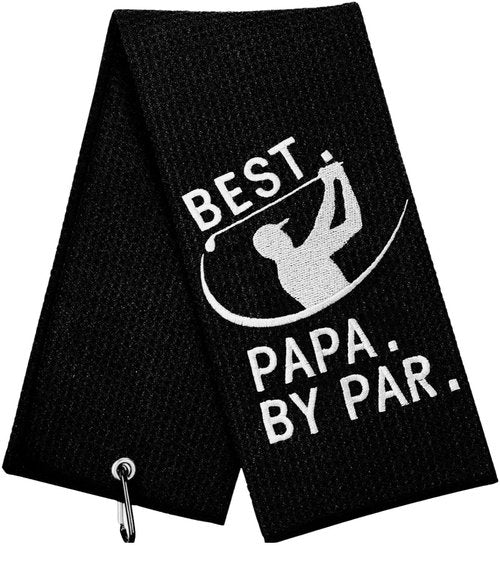 Funny Golf Towel, Best PAPA by Par, Golf Gifts for Men - Golf Accessories for Men, Embroidered Towels for Bags with Clip, Black