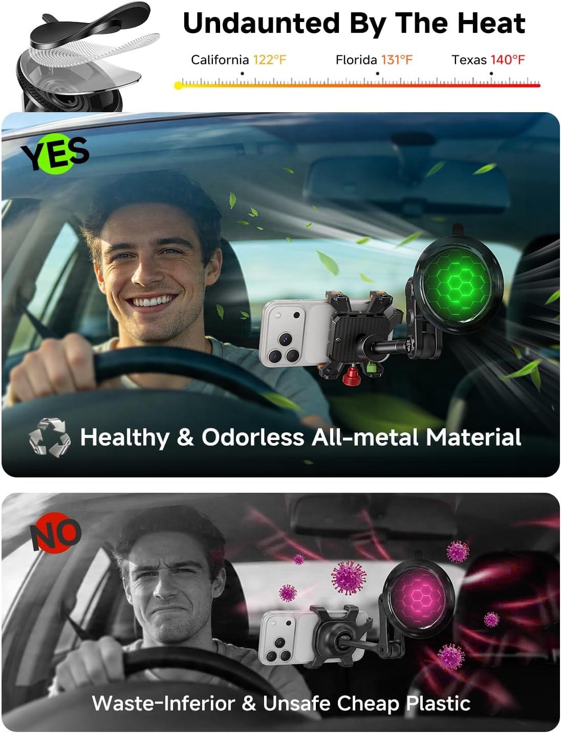 MAGIC JOHN Metal Car Phone Holder 360° Rotation Suction Mount Windshield