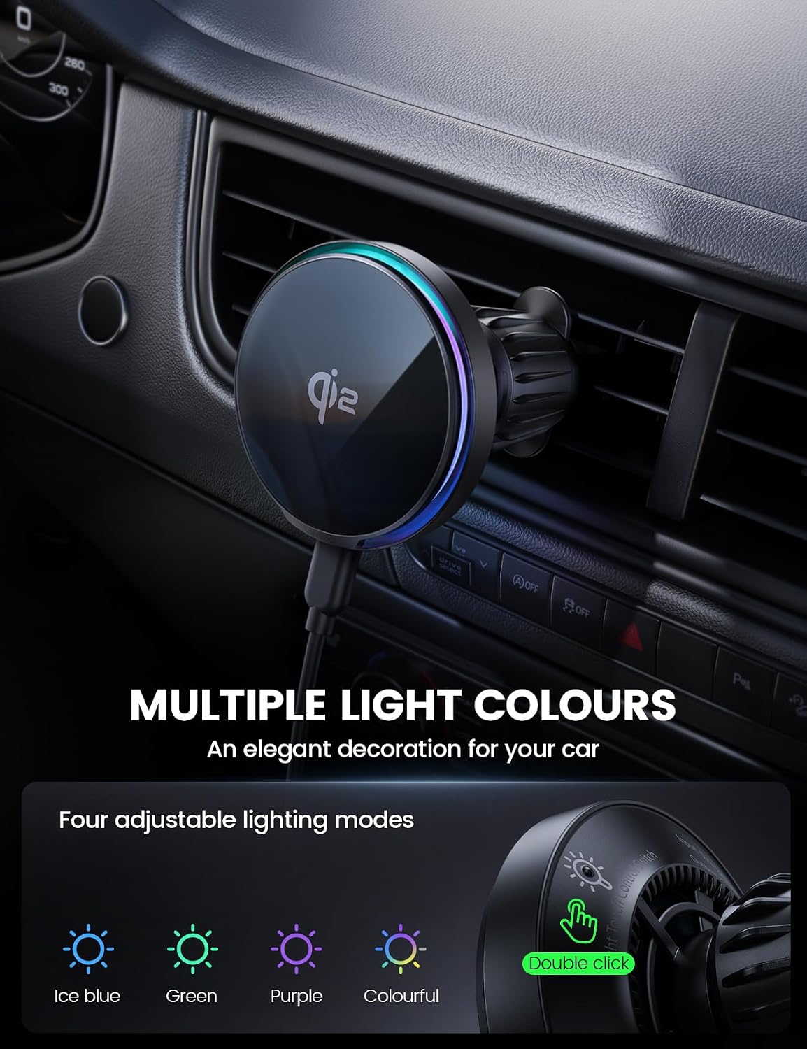 Lamicall 15W for QI2 Magsafe Car Mount Charger Vent Dashboard RGB LED 360°
