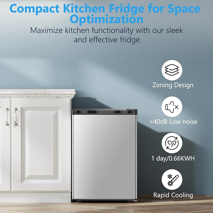 COWSAR 2.6 Cu.Ft Mini Fridge with Freezer, Quiet Reversible Door Compact Refrigerator, Small Refrigerator with 2 Removable Shelves, Adjustable Thermostat, for Office, Bedroom, Dorm, Silver