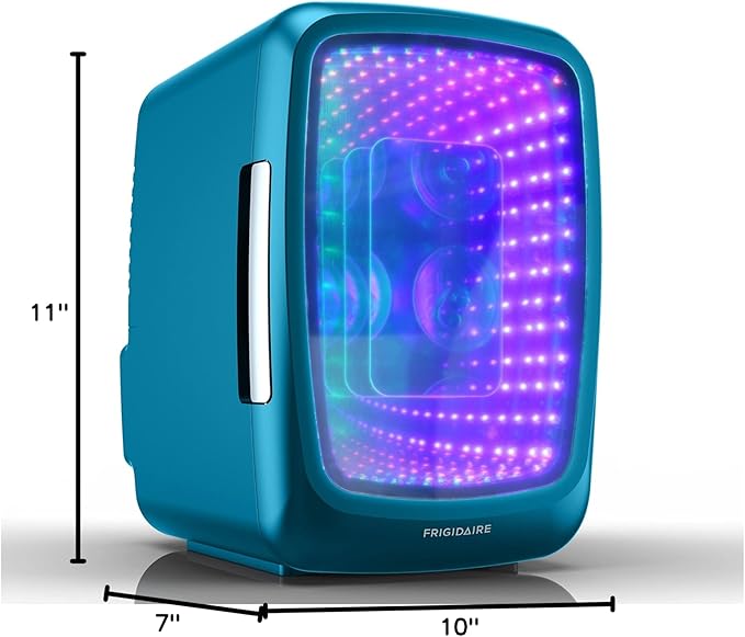 Frigidaire Gaming Light Up Mini Beverage Refrigerator, 6 can, 4 liters, Cooler with large see through door and LED lights Perfect for Gaming Experience, Home, Office, or Cars.12V Charger (Blue)