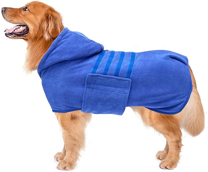 Geyecete Dog Drying Coats with Hood - Absorbent Robe Dry Fast Dog Towel - Microfibre Fast Drying Super Absorbent - Blue - L