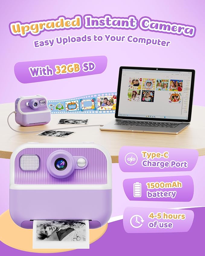 Instant Camera, Front Rear Dual Selfie Kids Camera