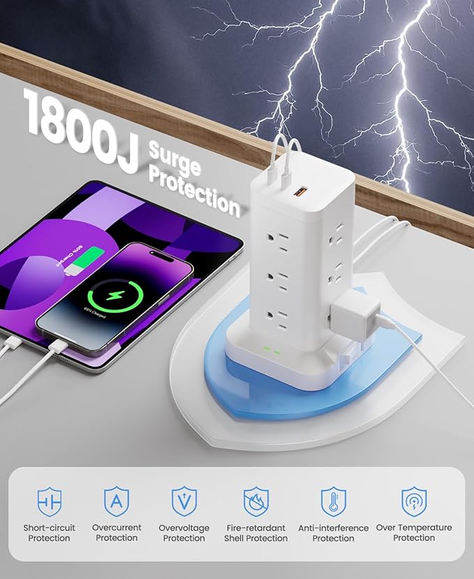 Power Strip Tower with Surge Protector 1800J, Fast Charging Tower PD20W USB-C Ports with 12 AC Outlets, 9.8ft Extension Cord for Home Office Dorm Room, White