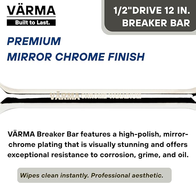 1/2-Inch Drive Breaker Bar, 12-Inch – Heavy Duty CR-MO Head & 18mm Thick Shaft – Dual-Knurled Non-Slip Grip, Constant Tension Flex Head, Premium Mirror Chrome Finish