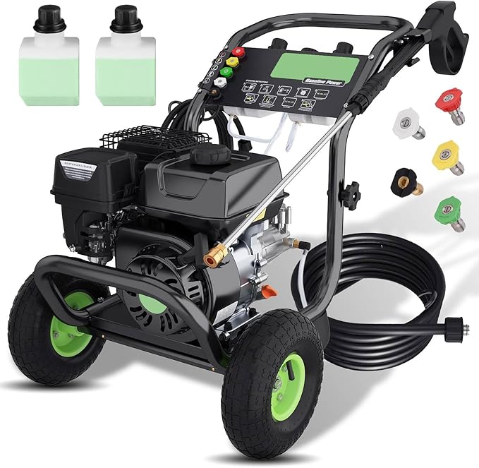 Professional 4200PSI 4GPM Gas Pressure Washer, Commercial Gas Power Washer with Foam Bottle 9" Wheels 5 Nozzles 25FT Hose for Home Car Fence Driveway Yard (EPA/CARB/ETL Compliant), Green
