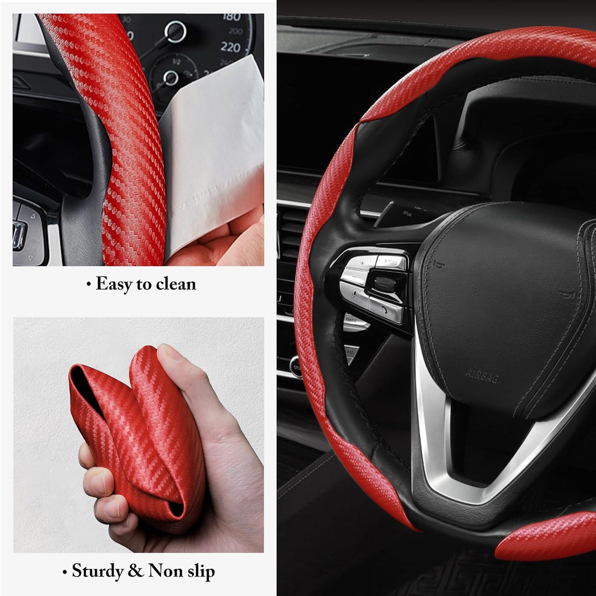 Carbon Fiber Steering Wheel Cover 3pcs Grip 15 inch Universal Red