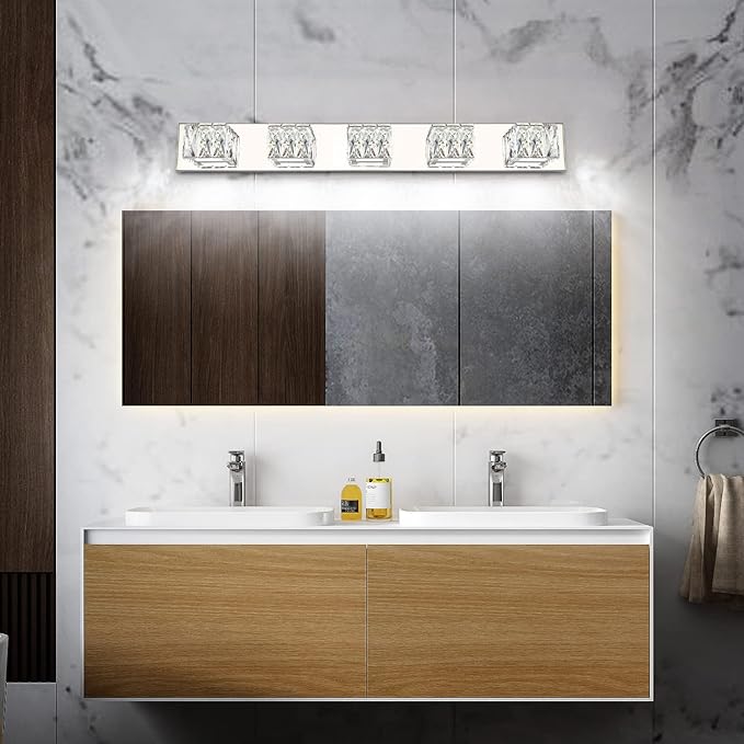 ZUZITO Modern Vanity Lights for Bathroom - Crystal 5 Light Bathroom Vanity Lights - Chrome LED Bath Lighting Fixtures
