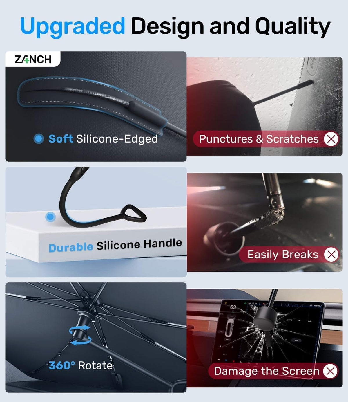 Zanch 2026 Upgraded Car Windshield Sun Shade [Cool Down by 75℉ ] with Heat Insulation Coating, Foldable Sunshade Umbrella Flexible Handle & Ribs, Medium (57''x32'') for Car, SUV, Truck, Van