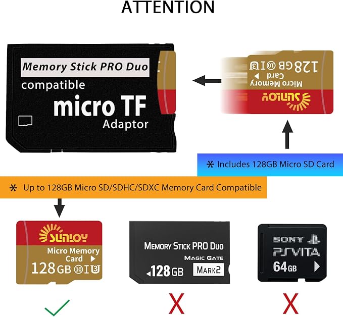 PSP Memory Stick Adapter with 128GB Micro SD Card, Micro SD/SDHC/SDXC to Memory
