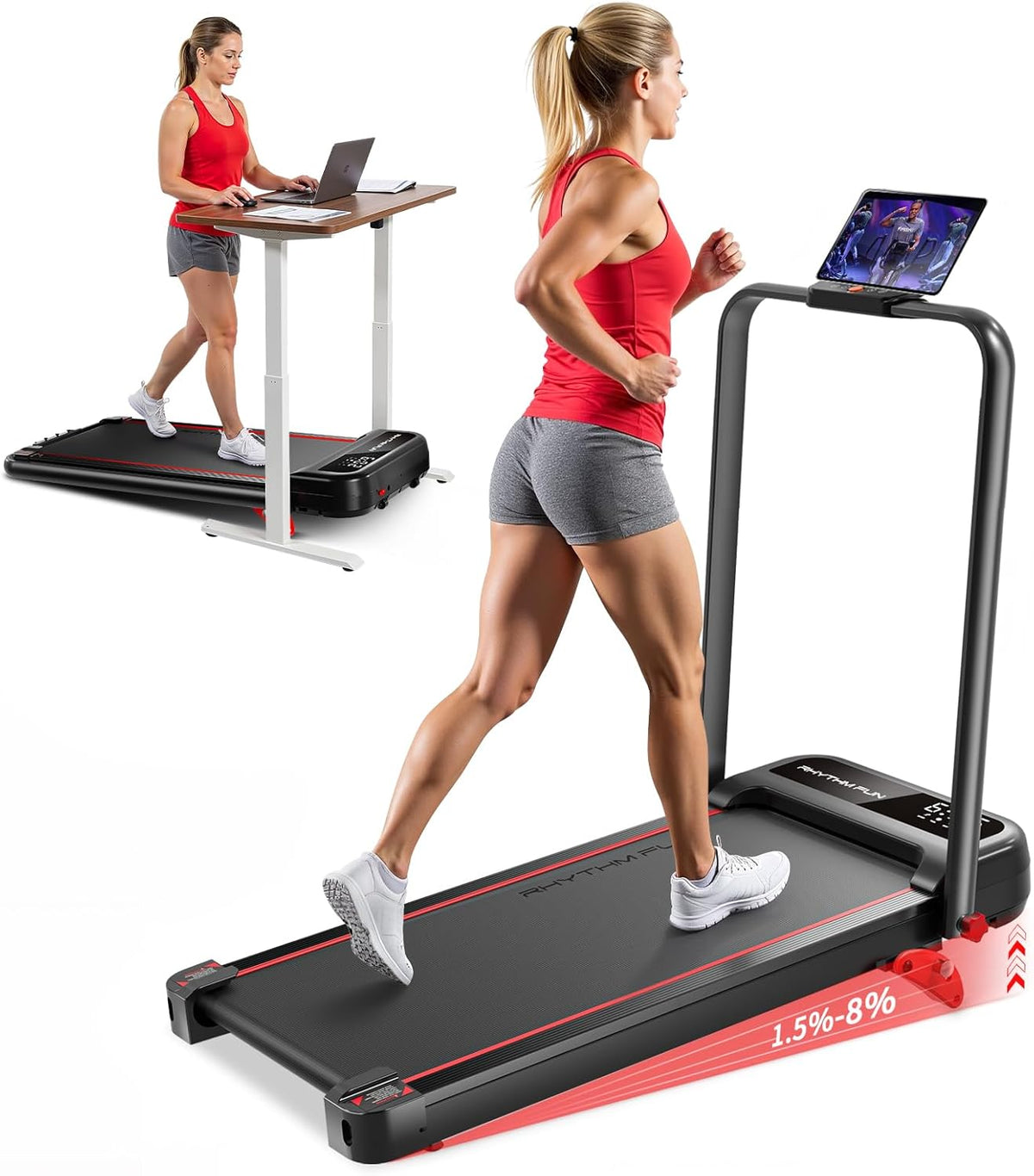 RHYTHM FUN Treadmill - Portable Folding Walking Pad with Incline & Handle Bar | 300lbs Capacity, Low Noise
