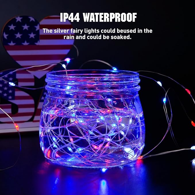 JMEXSUSS 4 Pack 50LED 4th of July Decorations Red White and Blue Lights, 16ft 4th of July Fairy Lights Battery Operated, Patriotic Fairy Lights Indoor for Independence Day Memorial Day Decor