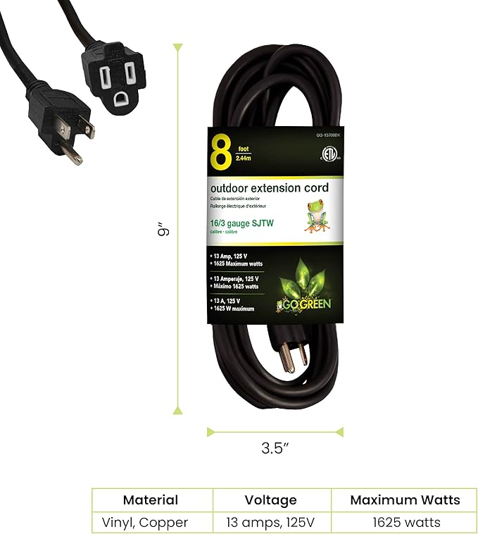 Go Green Power Inc. (GG-13708BK) 16/3 SJTW Outdoor Extension Cord, Black, 8 ft