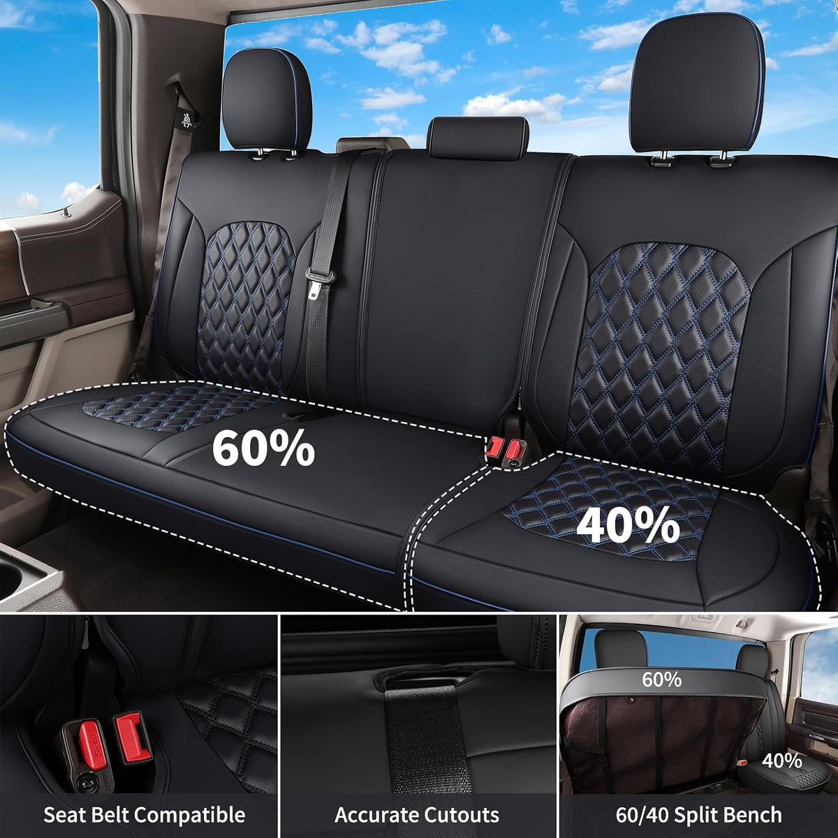 Huidasource Tacoma Rear Seat Covers, Automotive Leather Car Back Seat Cover Fit for 3rd Gen Toyota Tacoma 2016-2023 Double & Crew Cab SR SR5 Limited TRD Sport/Pro/Off Road (Back Row/Black&Blue)