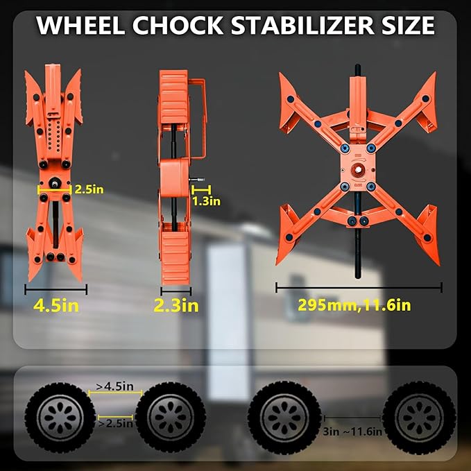 Camper X-Shaped Wheel Chock Stabilizer, 2 Sets RV Stabilizer Wheel Chock Scissor, X Chocks Wheel Stabilizer for Travel Trailer Tires Allow Drill Adjust with Hex Socket, Tool Kit and Password Locks-Red