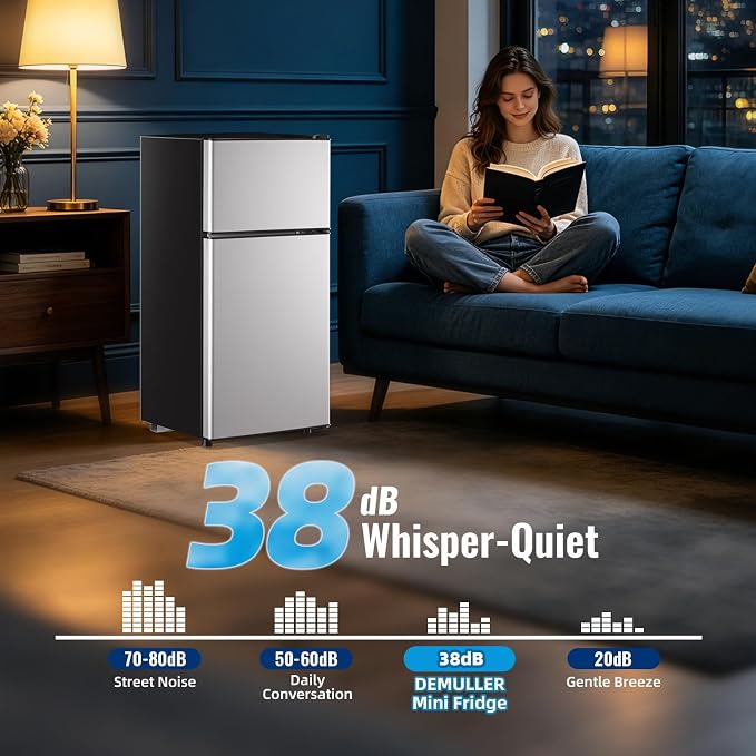 Mini Fridge with Separate Freezer Compartment Double Door Small Refrigerator with 7 Adjustable Temp Control Ideal for One Person Use & Dorm Apartment Office Silver