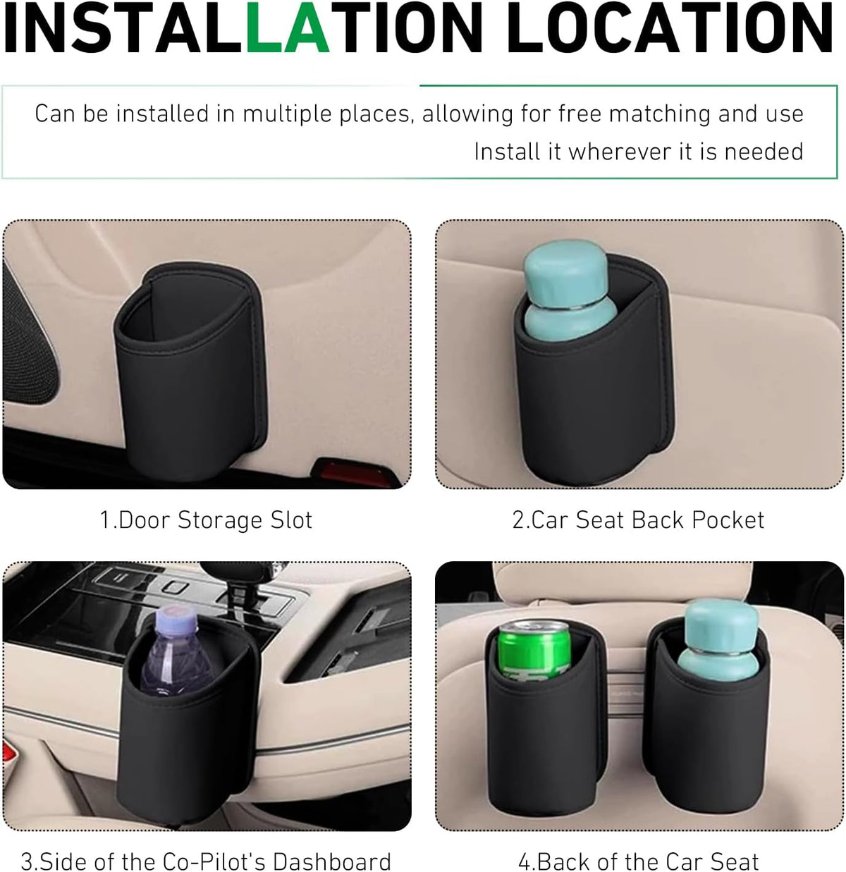 2PCS Car Cup Holder, Large Capacity Car Door Seat Clip-on Beverage Pocket Organizer, Leather Multi-Function Storage Bag, Universal for Most Sedans, Trucks, SUVs (Black)