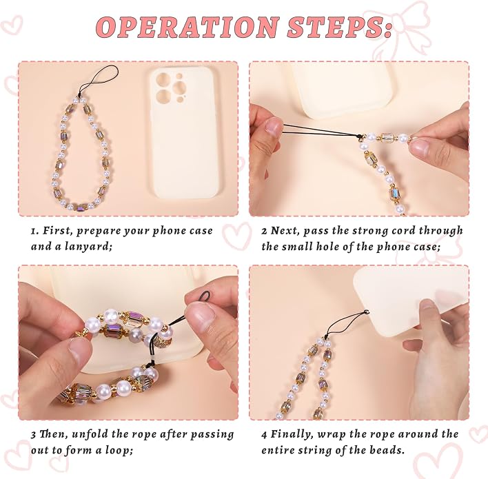 Pink Beaded Phone Wrist Straps, Y2K Phone Case Charms Camera Charm Strap