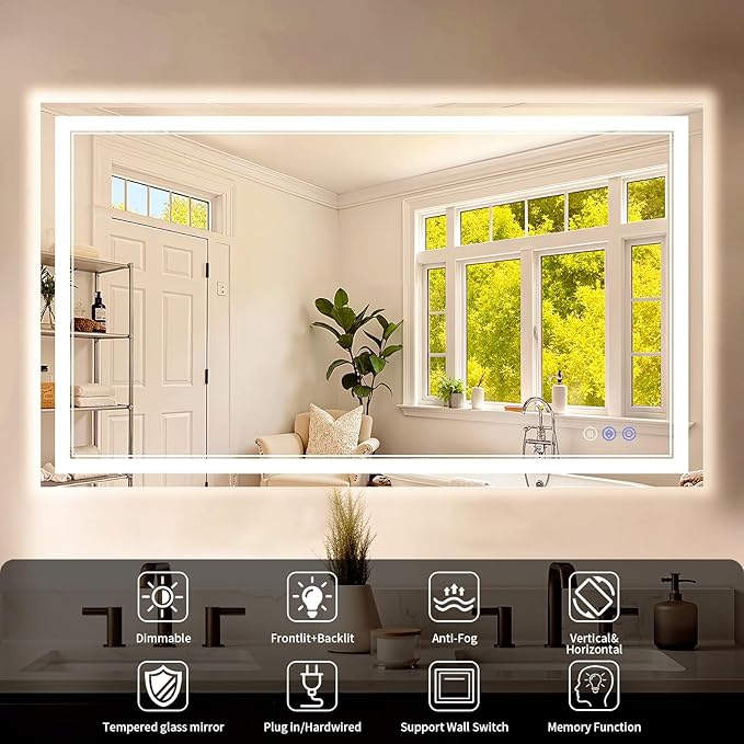 30"x50" LED Bathroom Mirror with Lights, Anti-Fog, Backlit + Front Lit, Dimmable, Led Vanity Mirror for Wall, Lighted Bathroom Mirror, 3 Colors, Shatter-Proof Tempered Glass