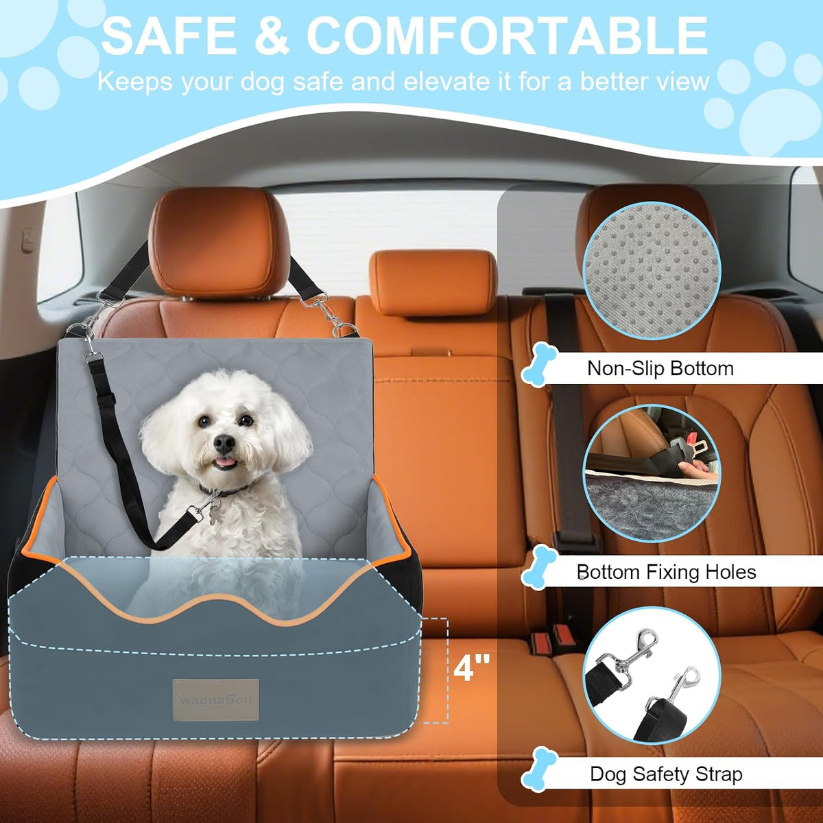 Dog Car Seat for Small/Medium Dogs Under 35lbs, Pet Booster Seat with 4In Memory Foam Cushion, Fully Detachable and Washable, Travel Dog Carseat with Storage Pocket and Safety Belt