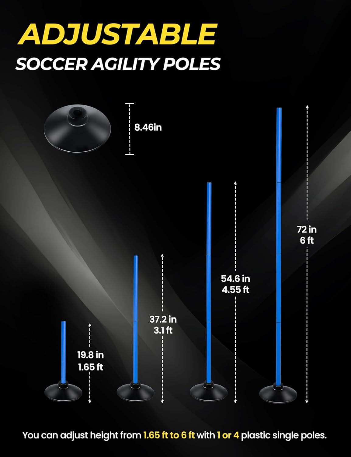 SEAOTTER Soccer Agility Poles Set - 6ft Detachable Speed Poles with Rubber Base for Sports Training | 4/6/10 Pcs