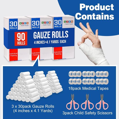 AZEN Gauze Rolls Bandages - 90 Pack of Premium 4" x 4.1 Yards First Aid Supplies | Ideal for Medical & Vet Use