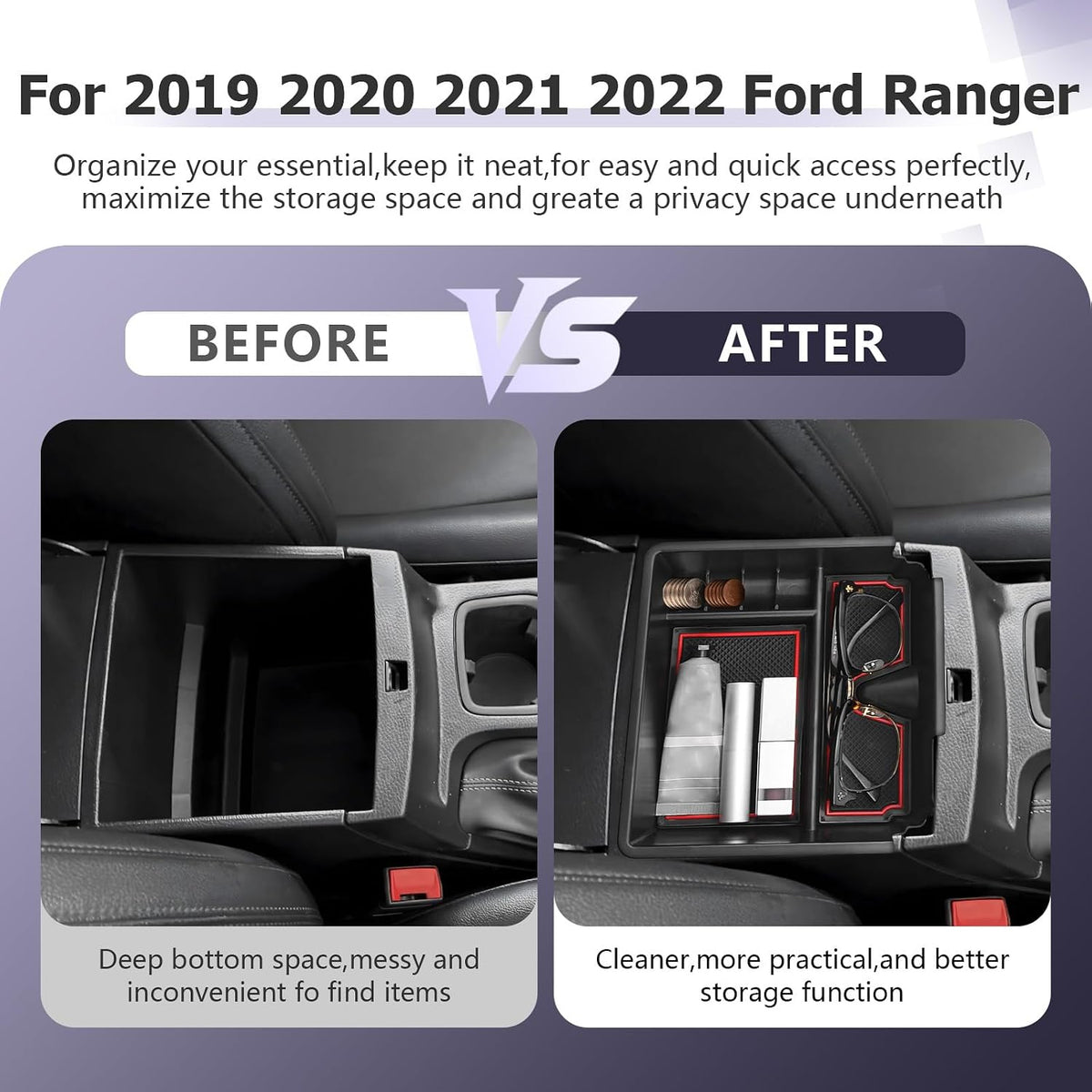 LUWU Ranger Center Console Organizer for 2019 2020 2021 2022 2023 Ford Ranger XL/XLT/Lariat/Raptor Accessories Armrest Console Storage Box Glove Organizer Tray ABS Material Red