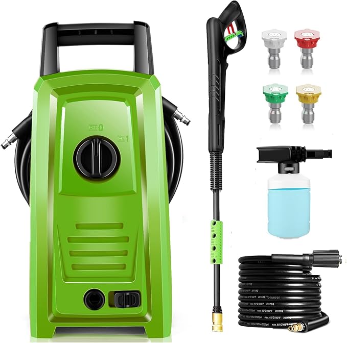 𝐏𝐨𝐰𝐞𝐫 𝐖𝐚𝐬𝐡𝐞𝐫 𝟒𝟓𝟎𝟎𝐏𝐒𝐈 Portable with 20FT Pipe, 4 Nozzle Set for Home/Cars/Fences/Windows, Green