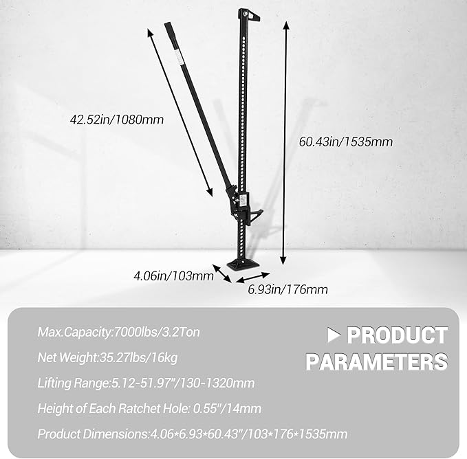 GarveeTech 60" Farm Jack, 3 Ton Capacity Ratcheting Off Road, Utility Heavy-Duty F-arm J-ack for Tractor, Truck, SUV, Lift Height 5.12-52 inches