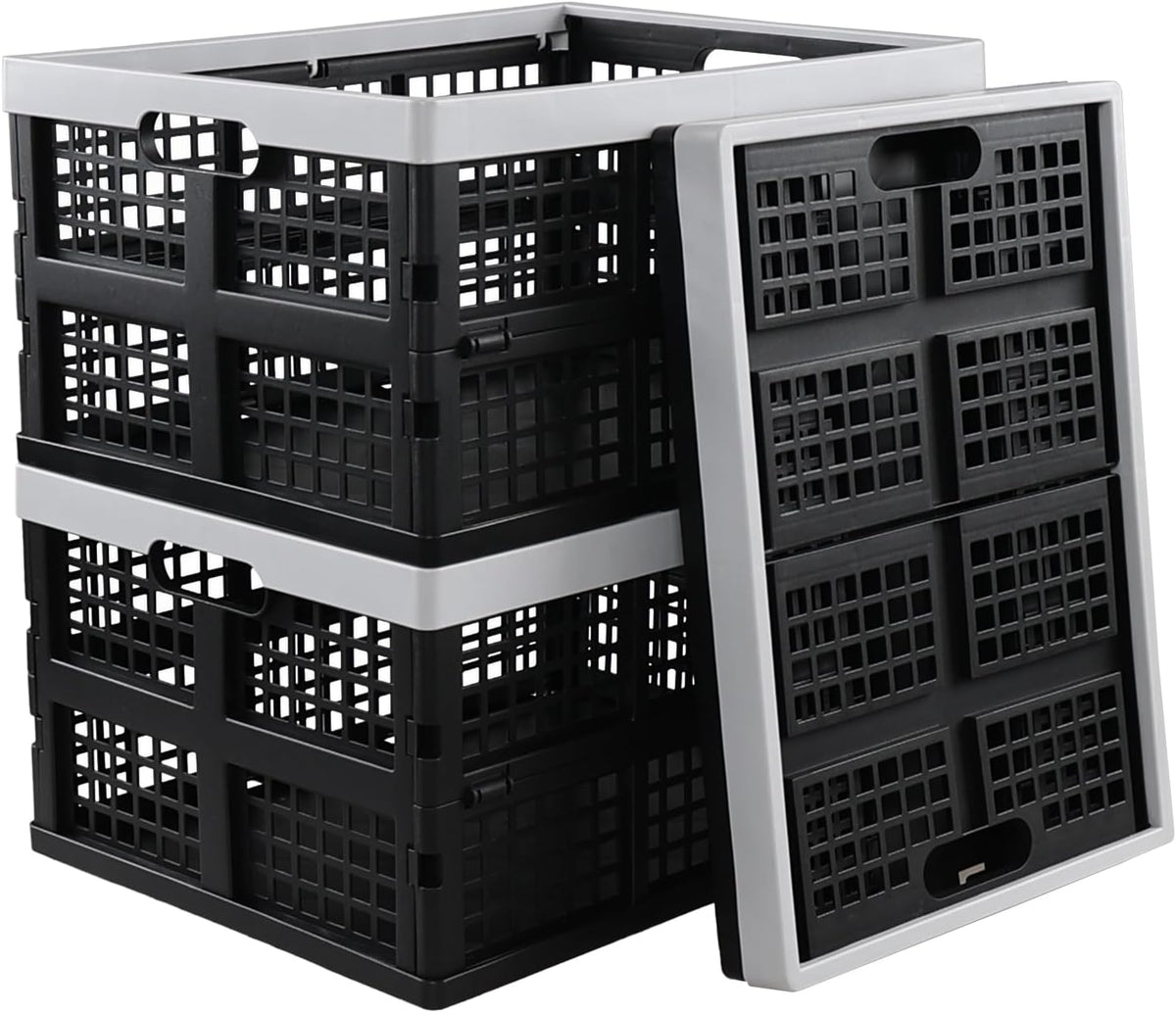 34 L Plastic Collapsible Crates, Folding Storage Crate, 3 Packs | Space-Saving Stackable Crate Basket with Carry Handles, Quick-Fold Design for Home, Garage, Car Trunk
