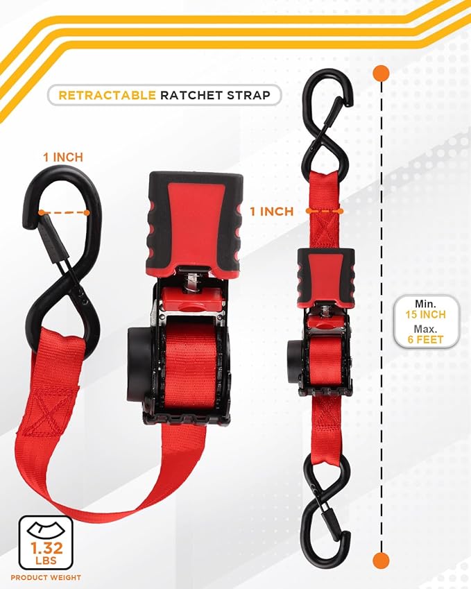 Strapinno 4pcs Retractable Ratchet Straps Bundle 1in x 6ft Ratchet Tie Down with Rubber Coated Steel Handle, S Hooks, Breaking Strength 1500 lbs Each (Red Strap, Black Coated Buckle)