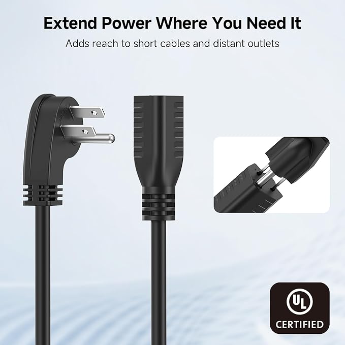 [UL Listed] Cable Matters 2-Pack Low Profile Flat Plug Short Extension Cord (Power Extension Cable) 1 Foot (NEMA 5-15P to NEMA 5-15R)