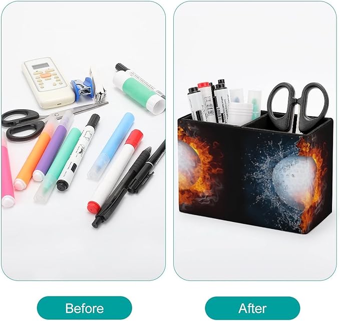 GERRIT Pen Holder for Desk, Golf Ball Fire Water Pencil Holder PU Leather Pen Organizer Desk Pencil Organizer Cute Makeup Brush Holder for School College Office