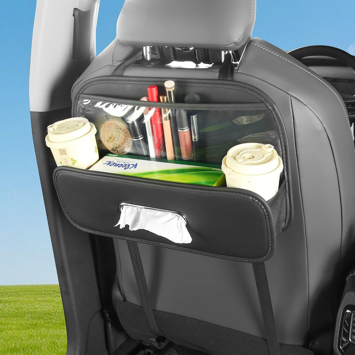 Back Seat Car Organizer with Cup Holder Tissue Box Kleenex Holder