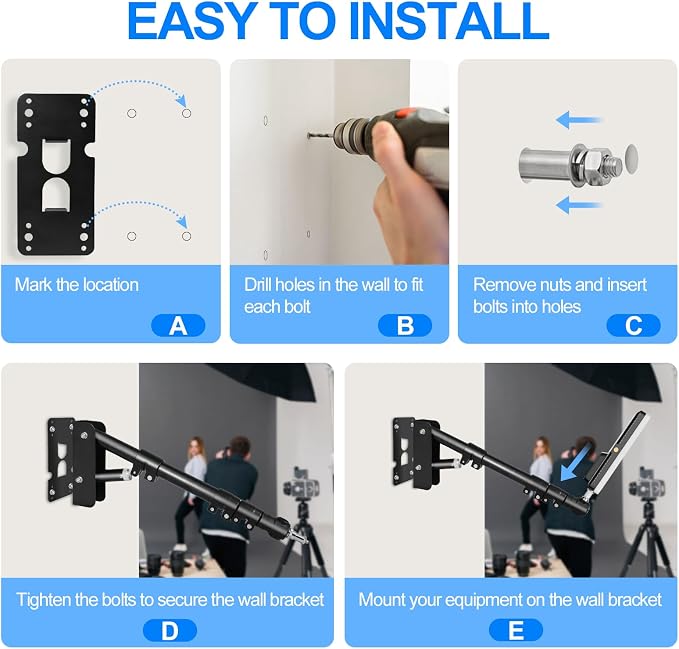 EMART Ring Light Wall Mount Boom Arm, Adjustable 42in/106cm Mounted Overhead