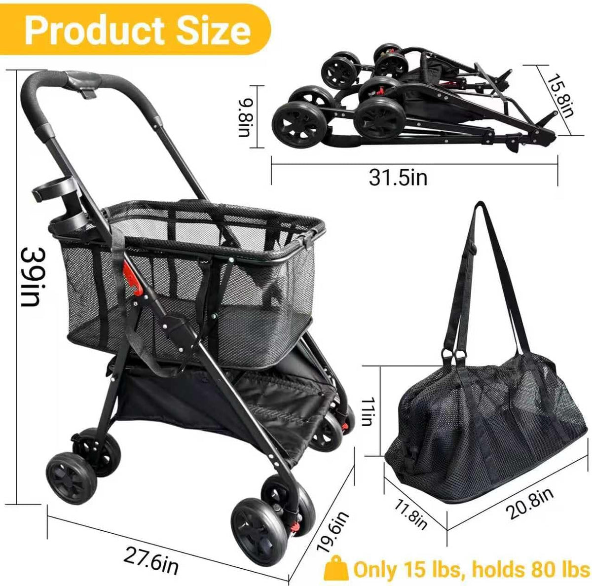 Folding Shopping Cart with Wheels, 80lbs Capacity Shopping Carts for Groceries, Detachable Baskets & 360°Swivel Wheels Collapsible Shopping Carts with Double Basket for Laundry, Camping, Transport