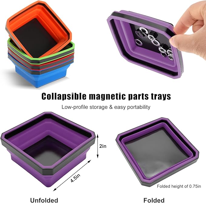 Collapsible Magnetic Parts Tray, 4.5 Inch Foldable Magnetic Square Silicone Tray, Tool Tray Set with Double-Sided Magnetic Base for Screw Bolts Nuts Pins, Car Accessories (Purple)