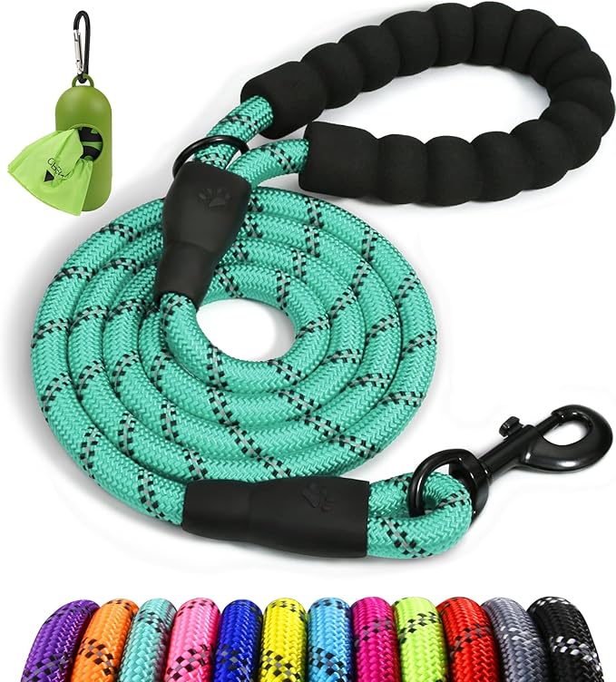 Taglory Rope Dog Leash 6 FT with Comfortable Padded Handle, Highly Reflective Threads Leash and Anti-Tangle Clip for Walking Medium Large Dogs, 1/2 inch, Turquoise